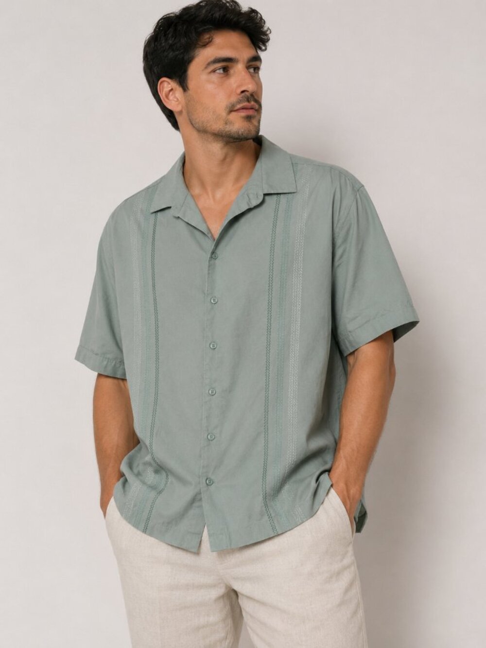 Cubavera Men's 4XLT Sage Green Guayabera Camp Shirt Embroidered Panel